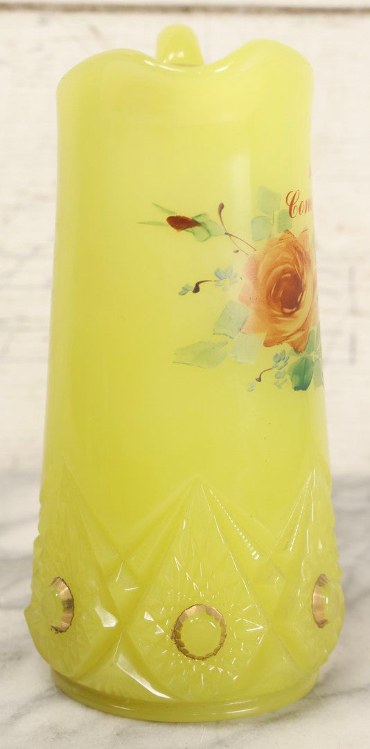 Lot 010 - Antique Uranium Glass Pattern Glass Pitcher With Painted Roses And Gold Accents, "Souvenir Of Coney Island," New York City, Circa Early 20th Century, Note Large Crack, 8-3/8" H
