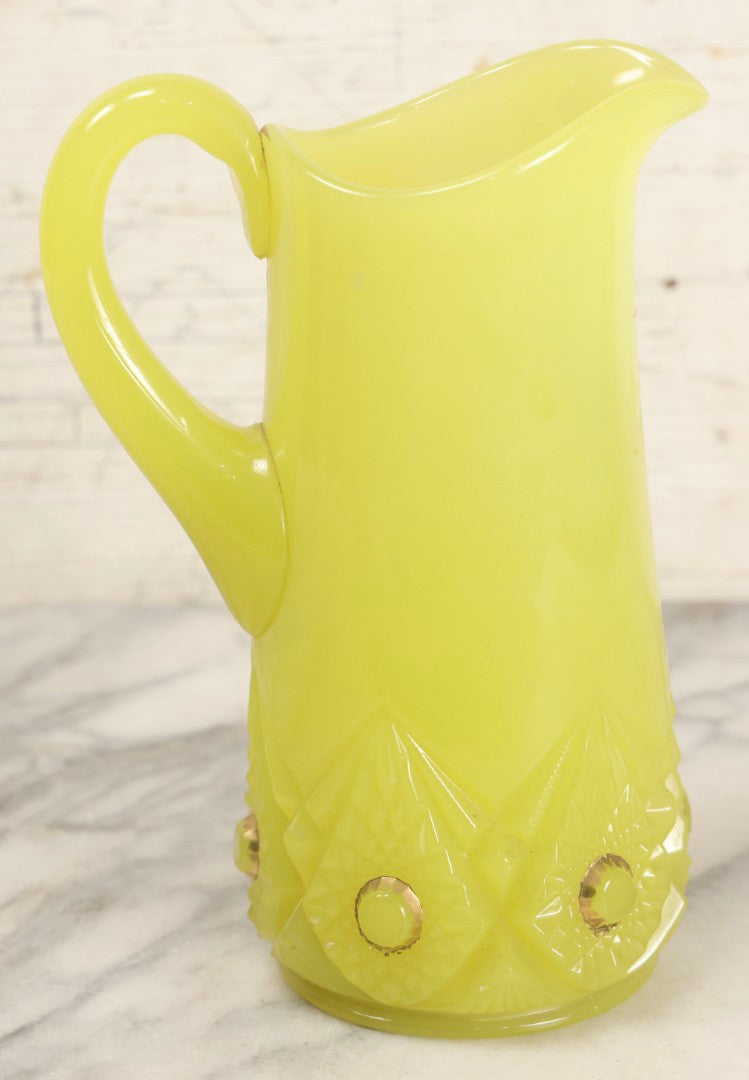 Lot 010 - Antique Uranium Glass Pattern Glass Pitcher With Painted Roses And Gold Accents, "Souvenir Of Coney Island," New York City, Circa Early 20th Century, Note Large Crack, 8-3/8" H