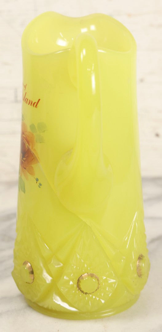 Lot 010 - Antique Uranium Glass Pattern Glass Pitcher With Painted Roses And Gold Accents, "Souvenir Of Coney Island," New York City, Circa Early 20th Century, Note Large Crack, 8-3/8" H