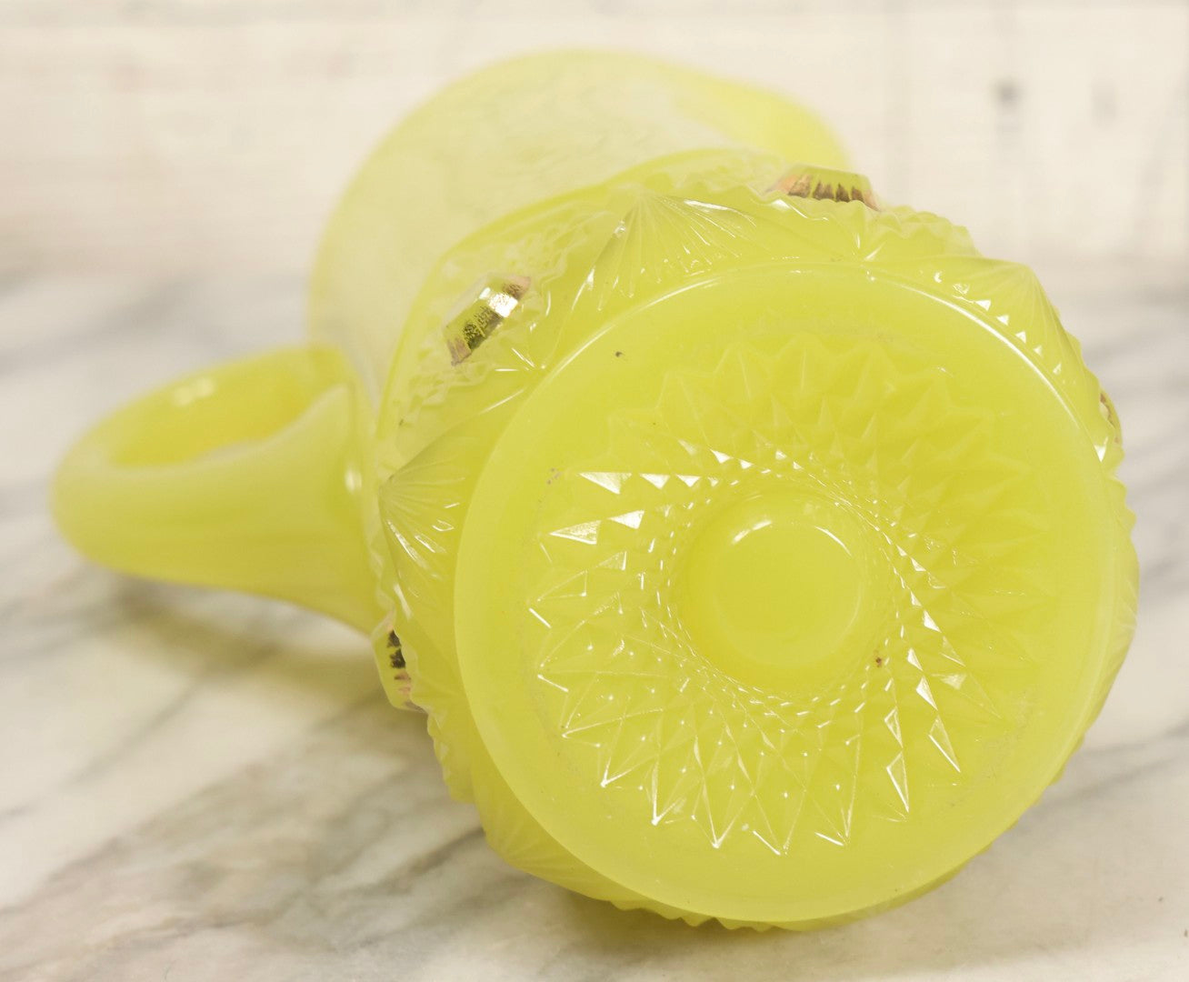 Lot 010 - Antique Uranium Glass Pattern Glass Pitcher With Painted Roses And Gold Accents, "Souvenir Of Coney Island," New York City, Circa Early 20th Century, Note Large Crack, 8-3/8" H