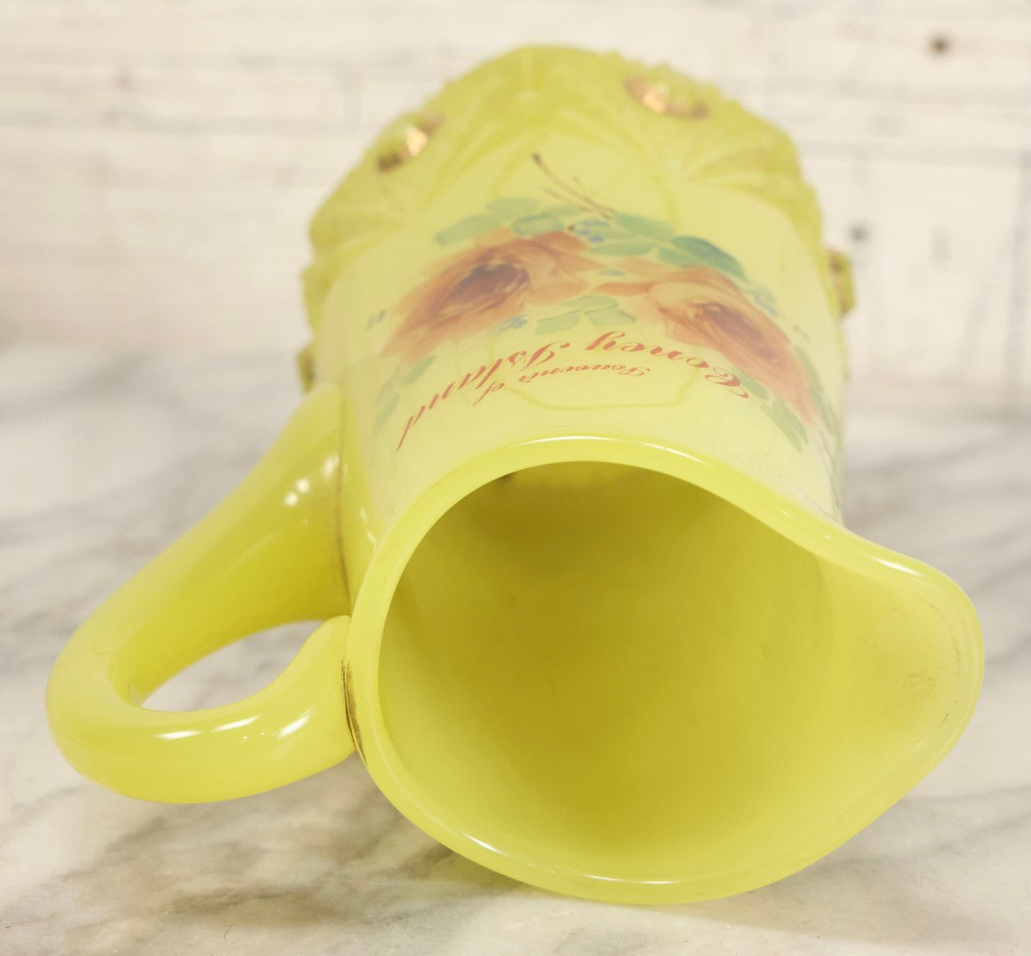Lot 010 - Antique Uranium Glass Pattern Glass Pitcher With Painted Roses And Gold Accents, "Souvenir Of Coney Island," New York City, Circa Early 20th Century, Note Large Crack, 8-3/8" H
