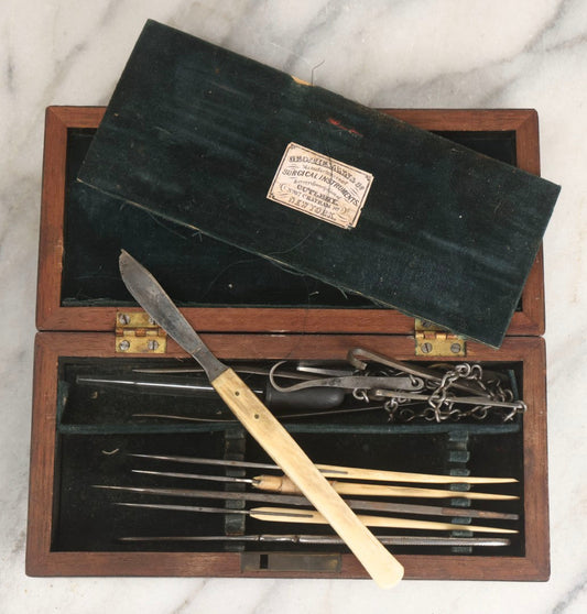 Lot 012 - Antique Surgical Implement Kit By George Tiemann & Co., New York, With 12 Implements Including Bone Handle Tools And Triple Chain Dissection Hook, In Original Box With Paper Label, Circa 1860s