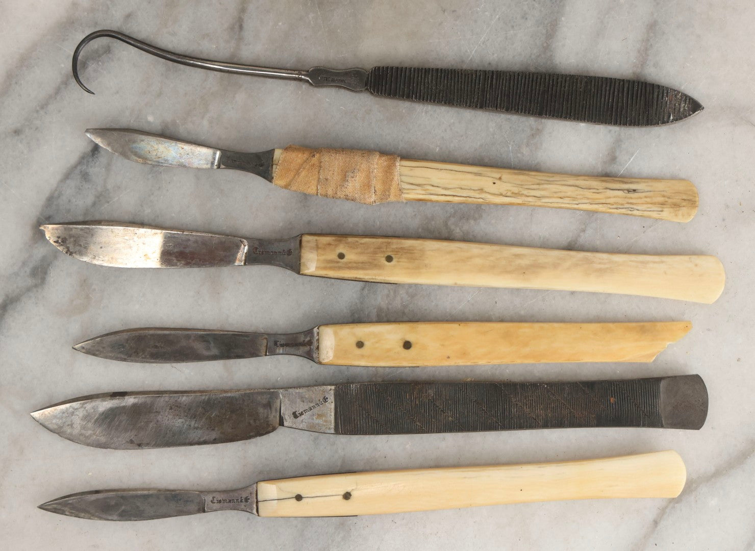 Lot 012 - Antique Surgical Implement Kit By George Tiemann & Co., New York, With 12 Implements Including Bone Handle Tools And Triple Chain Dissection Hook, In Original Box With Paper Label, Circa 1860s