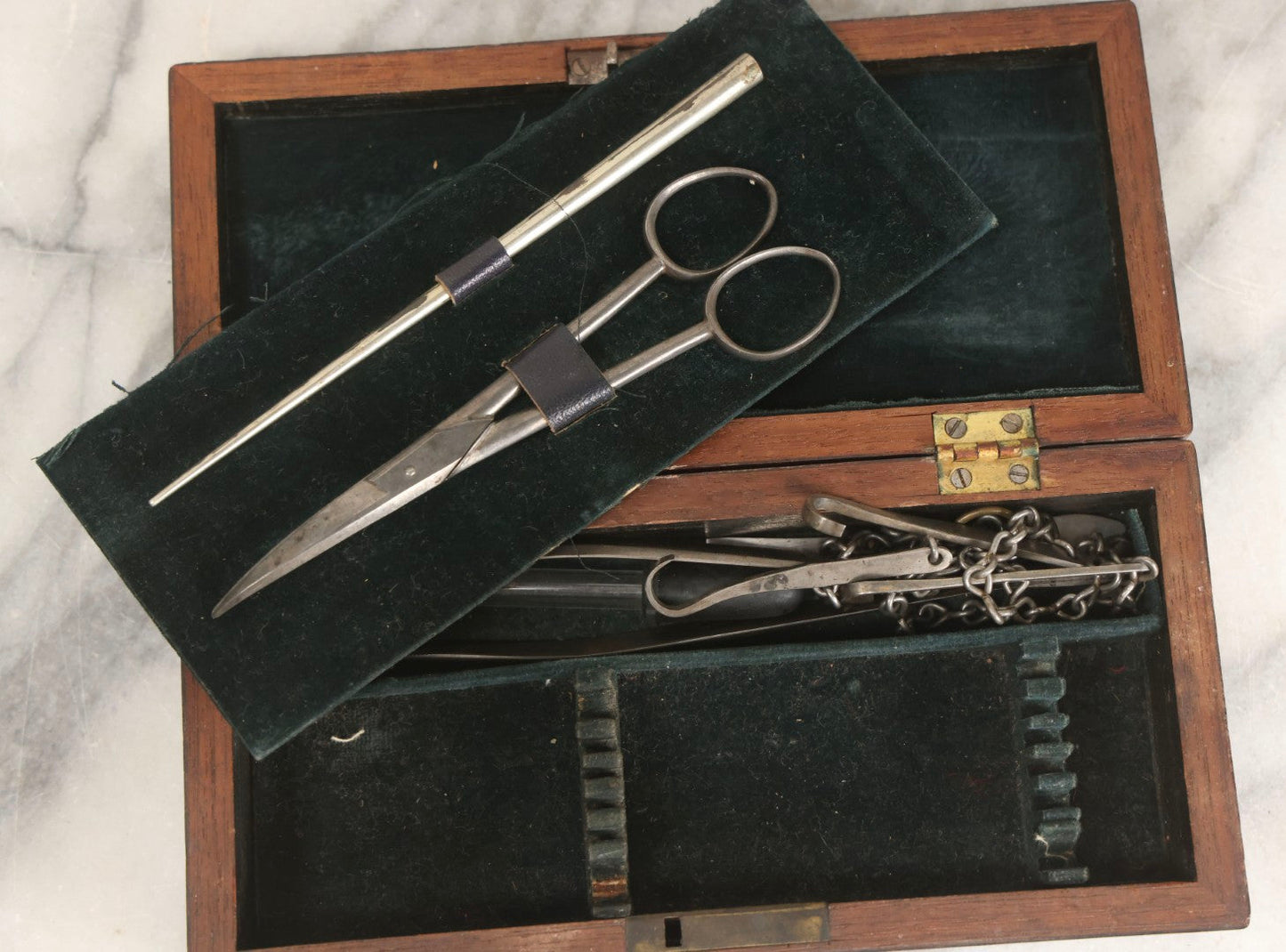 Lot 012 - Antique Surgical Implement Kit By George Tiemann & Co., New York, With 12 Implements Including Bone Handle Tools And Triple Chain Dissection Hook, In Original Box With Paper Label, Circa 1860s