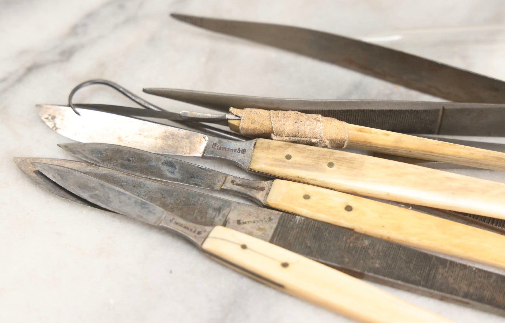 Lot 012 - Antique Surgical Implement Kit By George Tiemann & Co., New York, With 12 Implements Including Bone Handle Tools And Triple Chain Dissection Hook, In Original Box With Paper Label, Circa 1860s