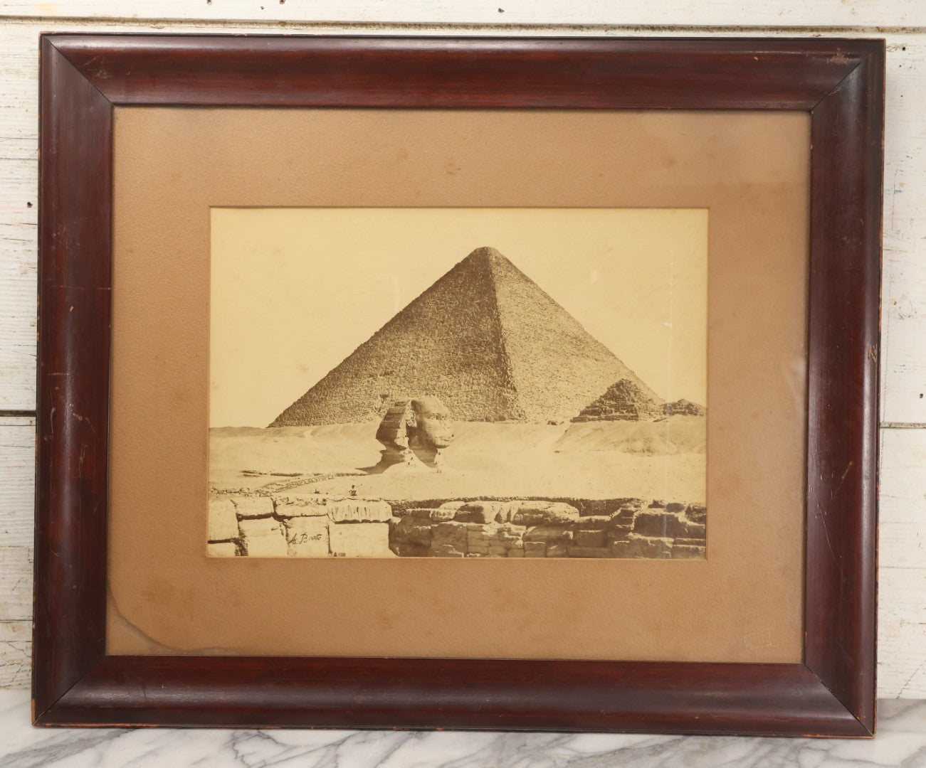 Lot 018 - Antique Albumen Photograph "The Great Pyramid And The Sphinx, Giza" By Antonio Beato, Circa 1870, Signed In Negative, Framed, 24-1/4" x 20"