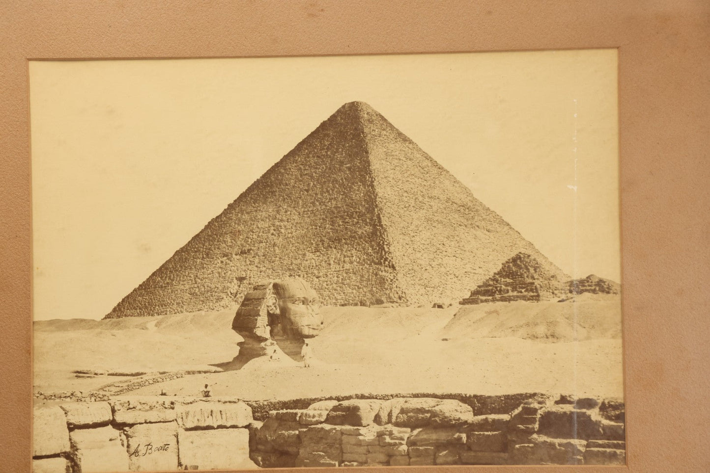 Lot 018 - Antique Albumen Photograph "The Great Pyramid And The Sphinx, Giza" By Antonio Beato, Circa 1870, Signed In Negative, Framed, 24-1/4" x 20"