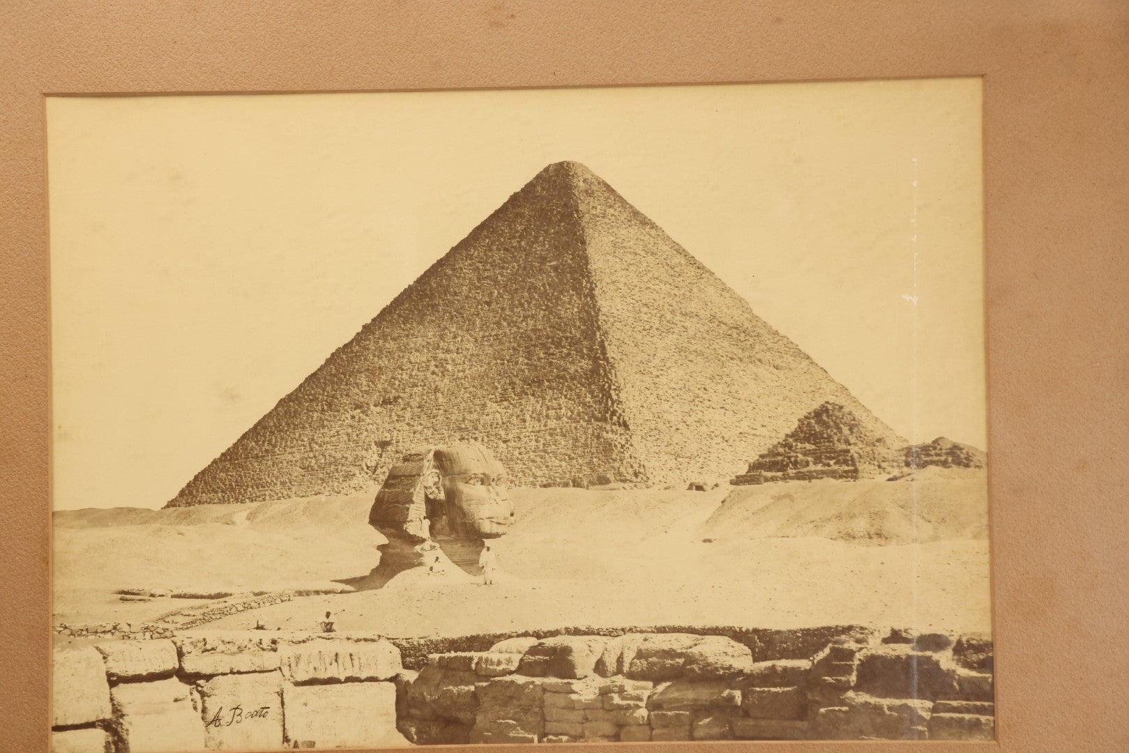 Lot 018 - Antique Albumen Photograph "The Great Pyramid And The Sphinx, Giza" By Antonio Beato, Circa 1870, Signed In Negative, Framed, 24-1/4" x 20"