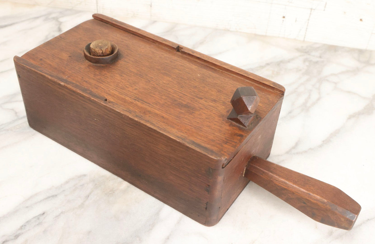 Lot 019 - Antique Hand Made Folk Art Wooden Ballot Box With Sliding Top And Fourteen-Sided Pull Knob, Includes Vintage Black And White Voting Marbles, Circa 1900