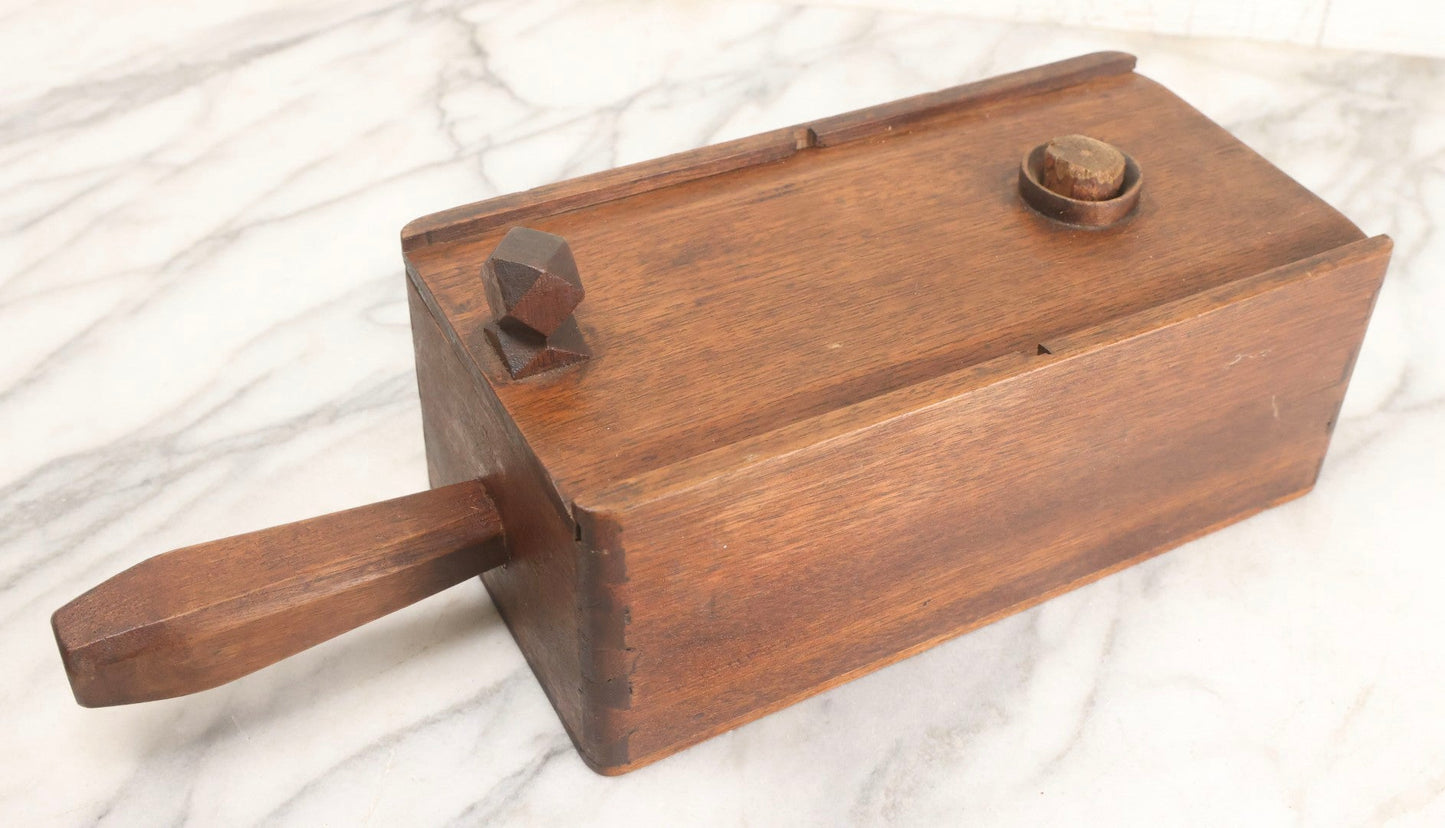 Lot 019 - Antique Hand Made Folk Art Wooden Ballot Box With Sliding Top And Fourteen-Sided Pull Knob, Includes Vintage Black And White Voting Marbles, Circa 1900