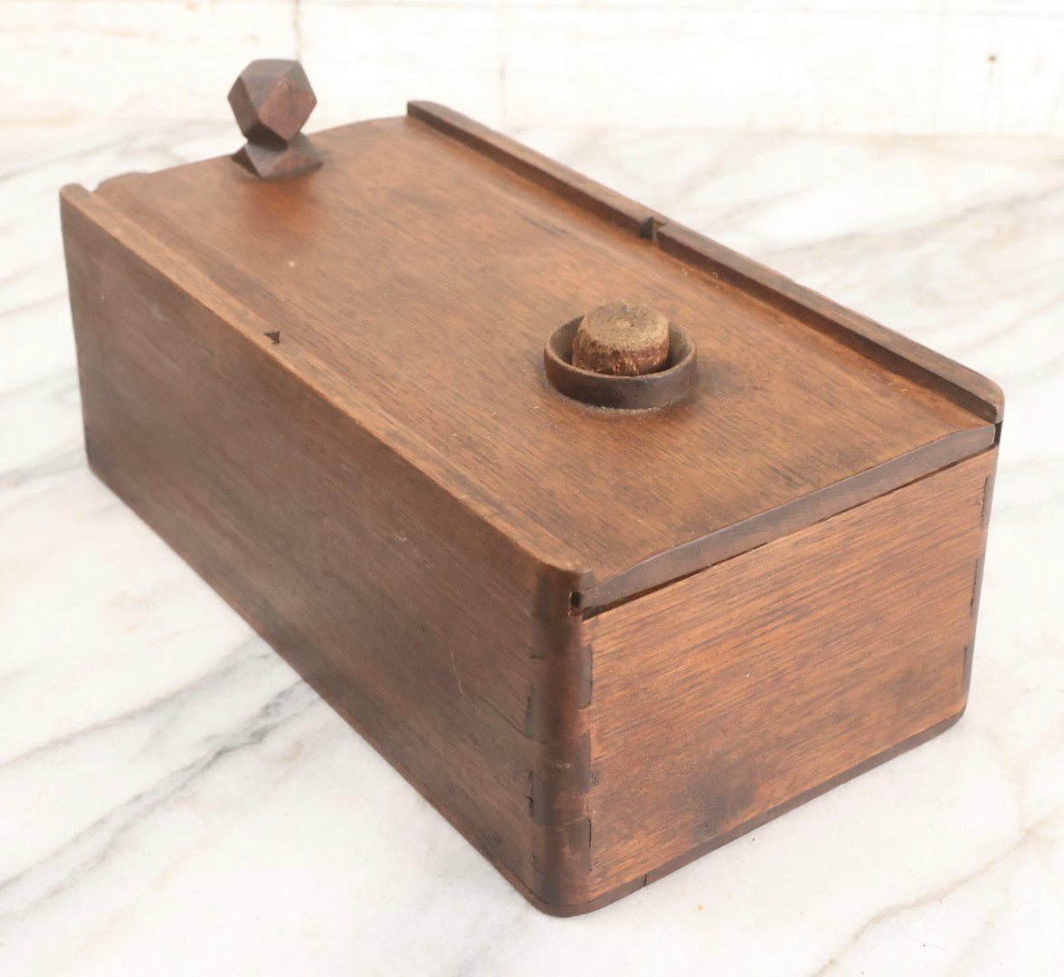 Lot 019 - Antique Hand Made Folk Art Wooden Ballot Box With Sliding Top And Fourteen-Sided Pull Knob, Includes Vintage Black And White Voting Marbles, Circa 1900