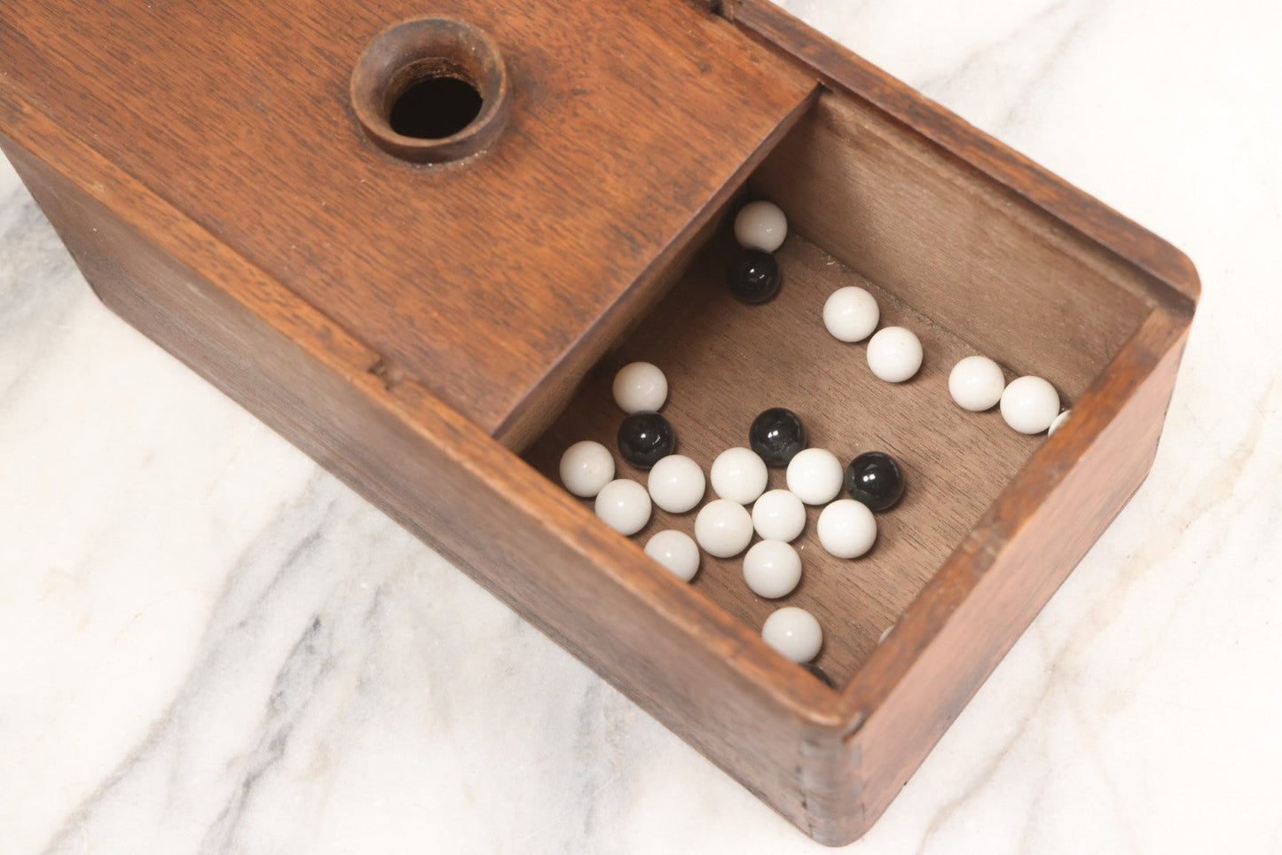 Lot 019 - Antique Hand Made Folk Art Wooden Ballot Box With Sliding Top And Fourteen-Sided Pull Knob, Includes Vintage Black And White Voting Marbles, Circa 1900