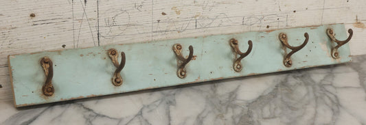 Lot 020 - Antique Primitive Wall Hook Board With Six Matching Hooks And Original Robin's Egg Blue Paint, 24-1/8" L
