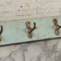 Lot 020 - Antique Primitive Wall Hook Board With Six Matching Hooks And Original Robin's Egg Blue Paint, 24-1/8" L