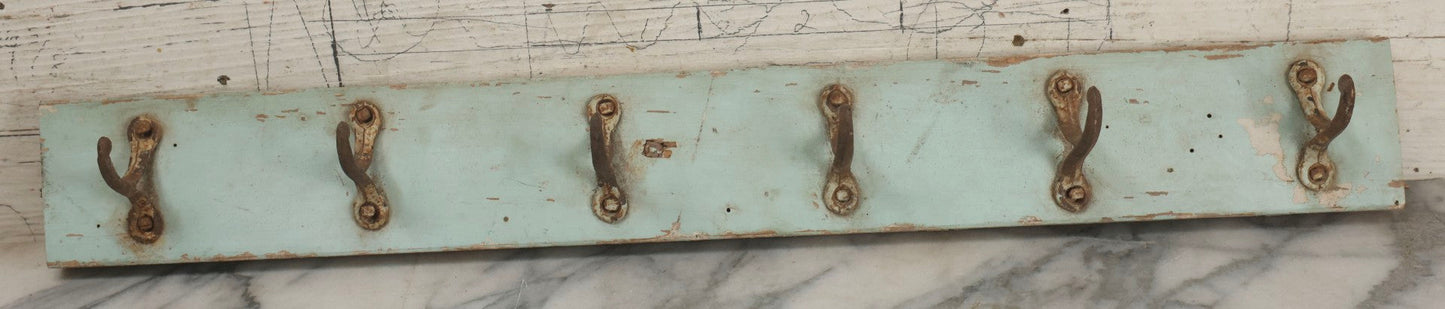 Lot 020 - Antique Primitive Wall Hook Board With Six Matching Hooks And Original Robin's Egg Blue Paint, 24-1/8" L