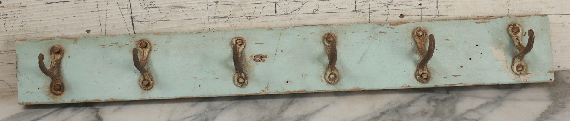 Lot 020 - Antique Primitive Wall Hook Board With Six Matching Hooks And Original Robin's Egg Blue Paint, 24-1/8" L