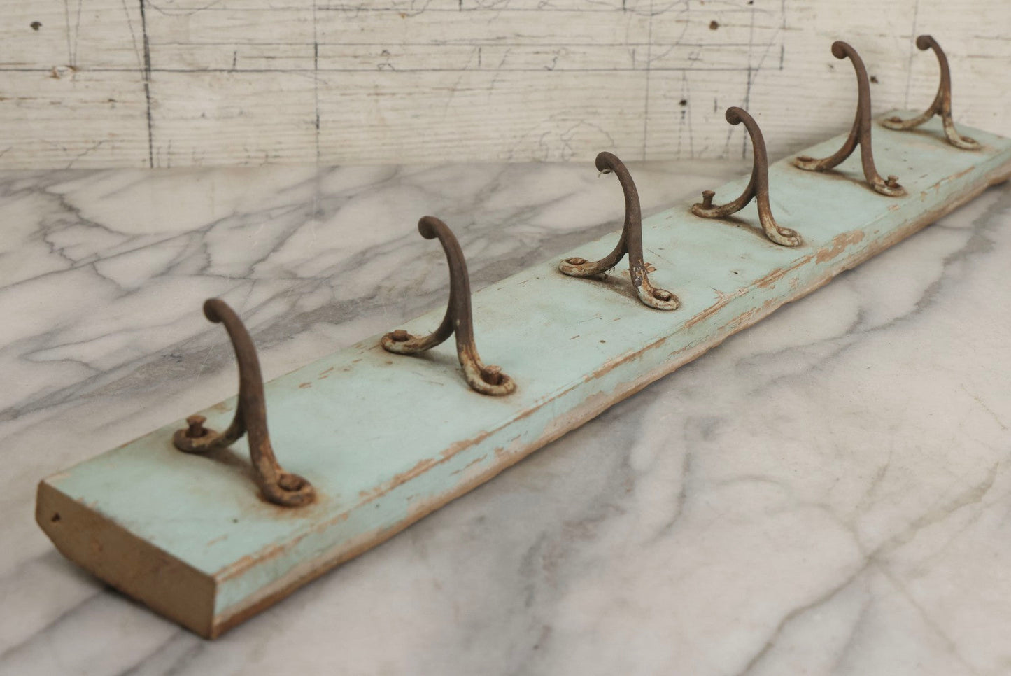 Lot 020 - Antique Primitive Wall Hook Board With Six Matching Hooks And Original Robin's Egg Blue Paint, 24-1/8" L