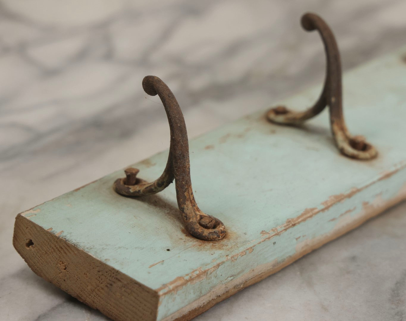 Lot 020 - Antique Primitive Wall Hook Board With Six Matching Hooks And Original Robin's Egg Blue Paint, 24-1/8" L