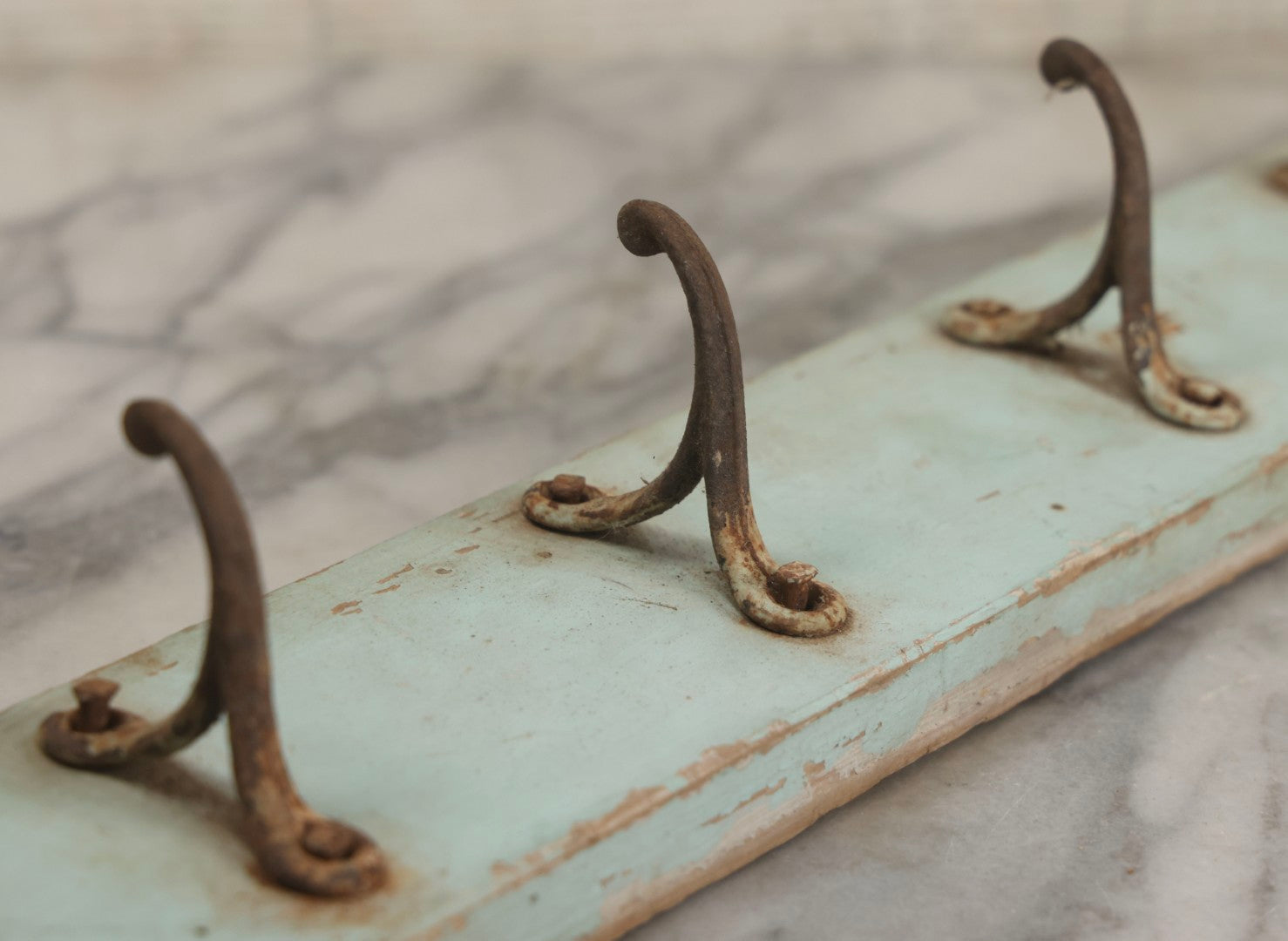 Lot 020 - Antique Primitive Wall Hook Board With Six Matching Hooks And Original Robin's Egg Blue Paint, 24-1/8" L