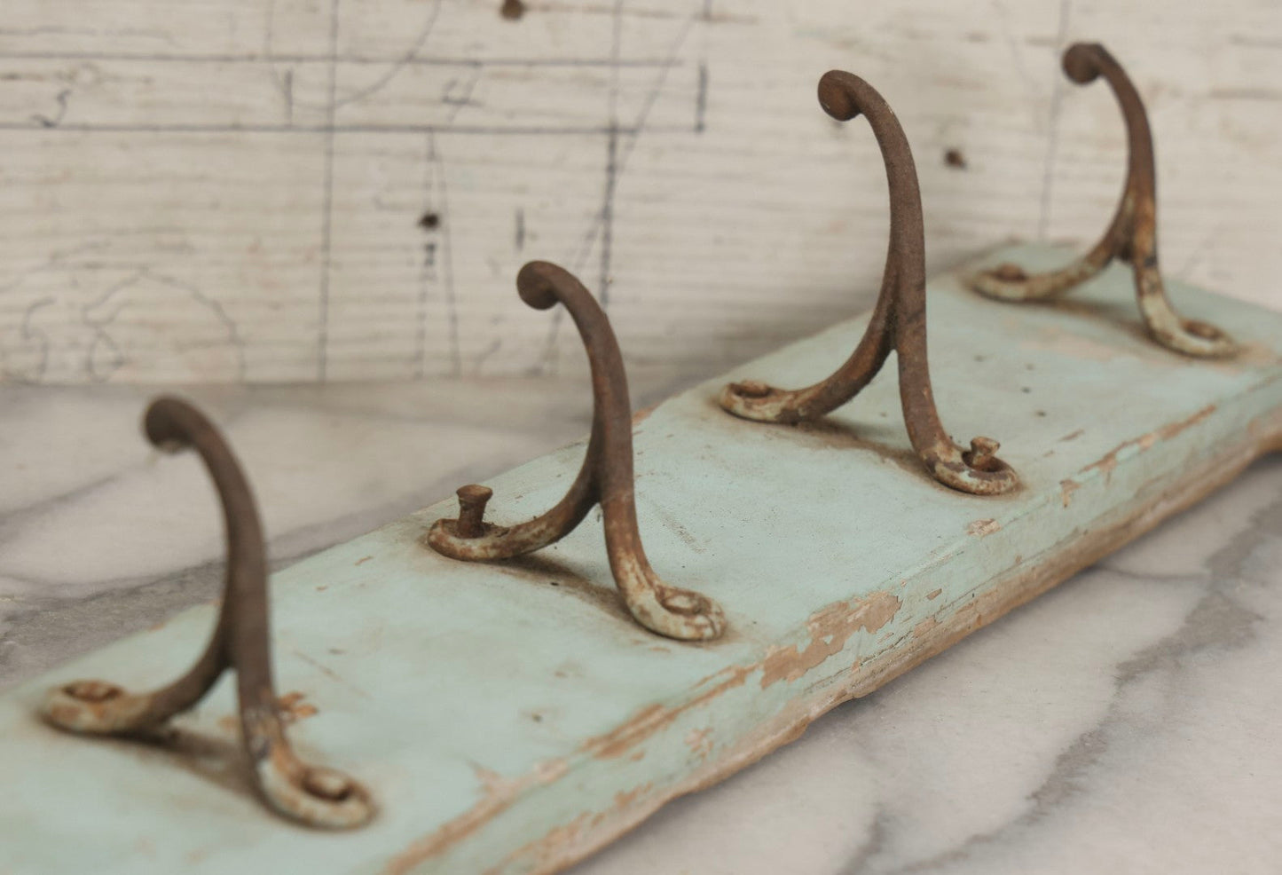 Lot 020 - Antique Primitive Wall Hook Board With Six Matching Hooks And Original Robin's Egg Blue Paint, 24-1/8" L