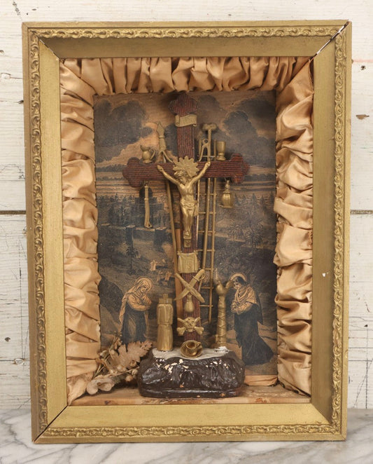 Lot 021 - Antique "Thy Kingdom Come" Religious Shadow Box Of The Crucifixion With Weapons Of Christ In Custom Frame, 12-3/8" x 16-1/8"