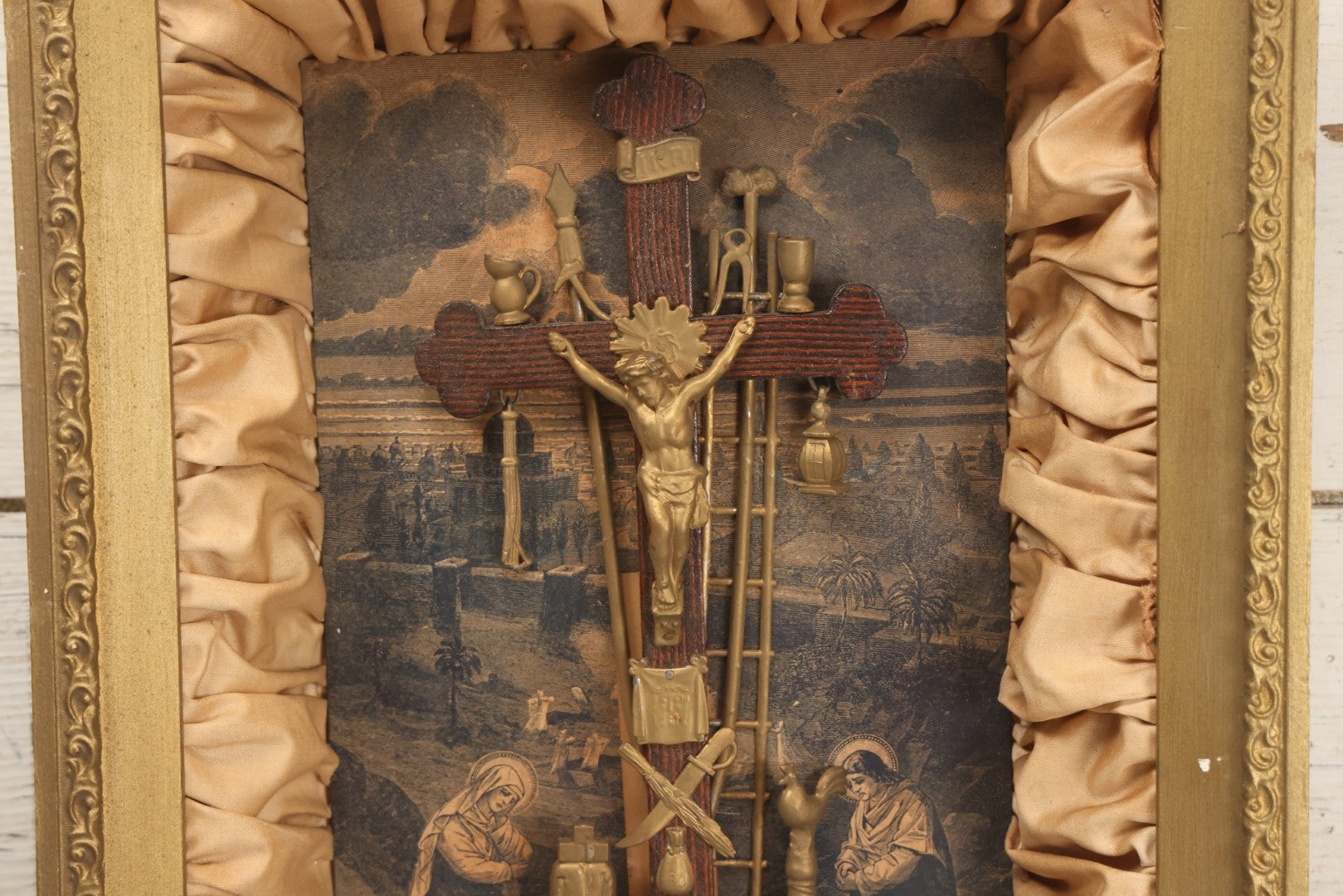 Lot 021 - Antique "Thy Kingdom Come" Religious Shadow Box Of The Crucifixion With Weapons Of Christ In Custom Frame, 12-3/8" x 16-1/8"