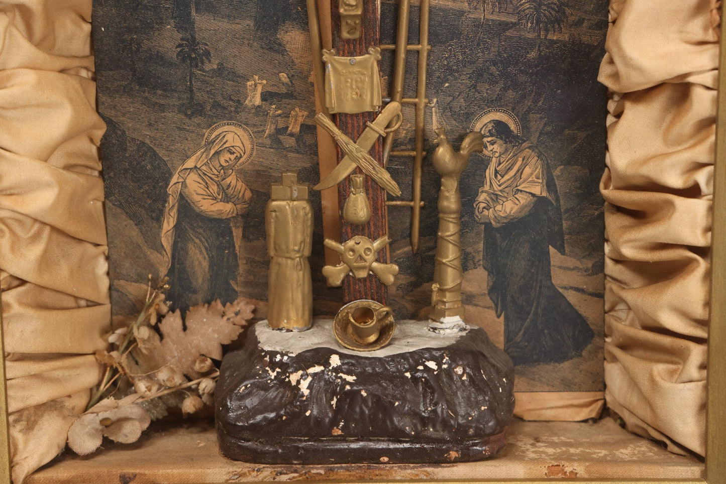 Lot 021 - Antique "Thy Kingdom Come" Religious Shadow Box Of The Crucifixion With Weapons Of Christ In Custom Frame, 12-3/8" x 16-1/8"