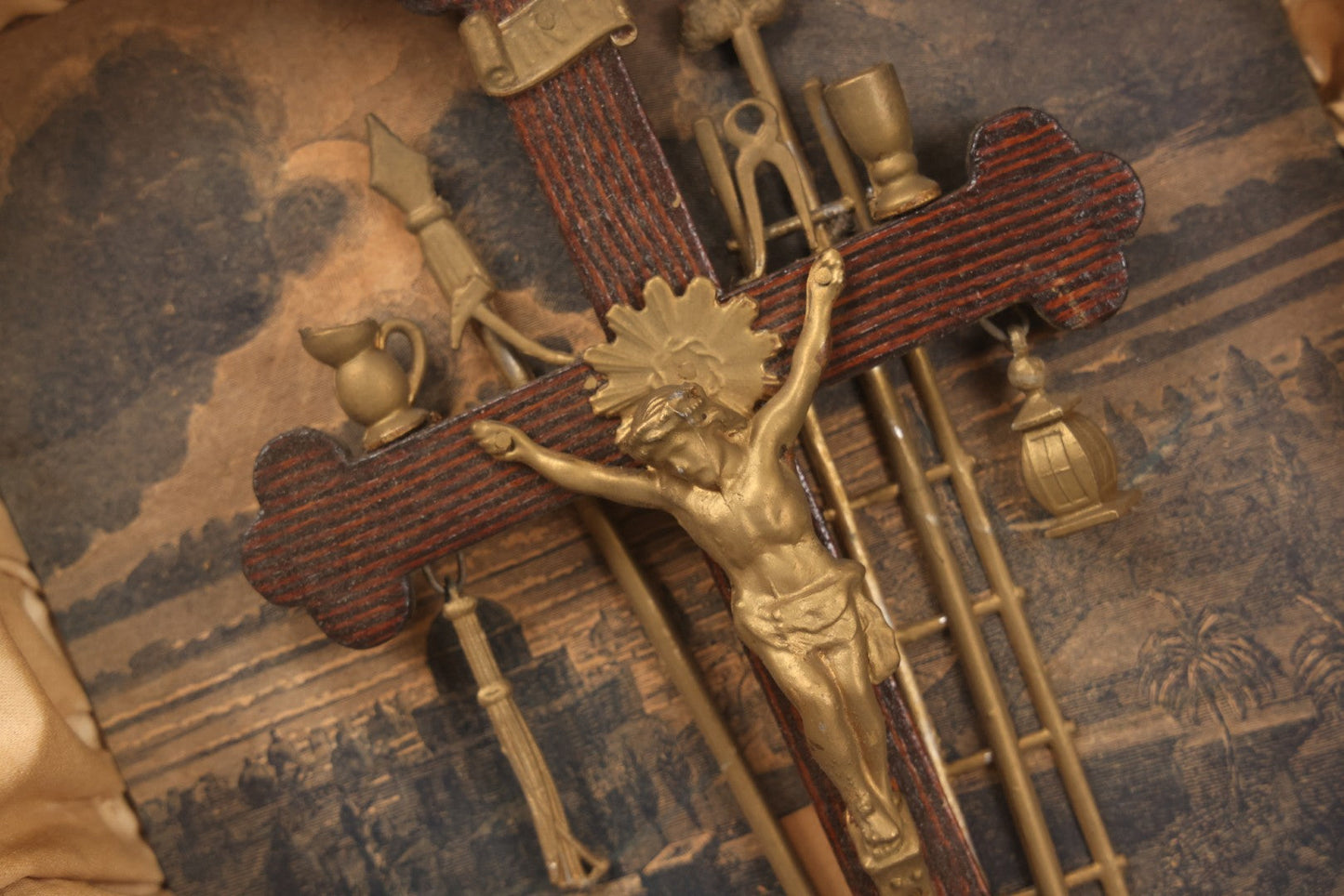 Lot 021 - Antique "Thy Kingdom Come" Religious Shadow Box Of The Crucifixion With Weapons Of Christ In Custom Frame, 12-3/8" x 16-1/8"