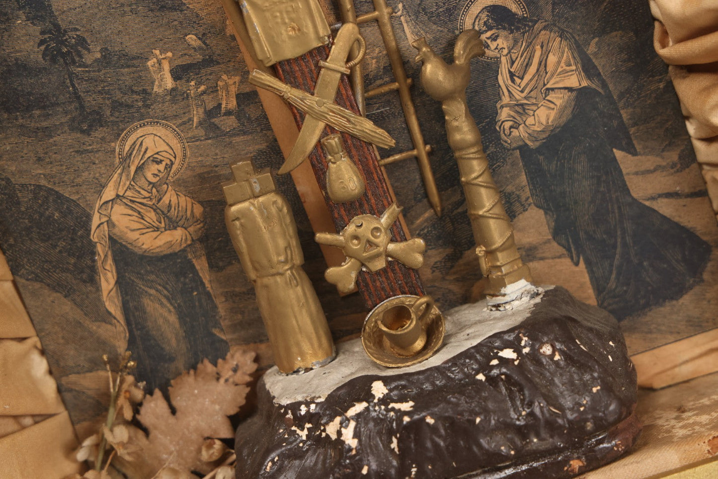 Lot 021 - Antique "Thy Kingdom Come" Religious Shadow Box Of The Crucifixion With Weapons Of Christ In Custom Frame, 12-3/8" x 16-1/8"