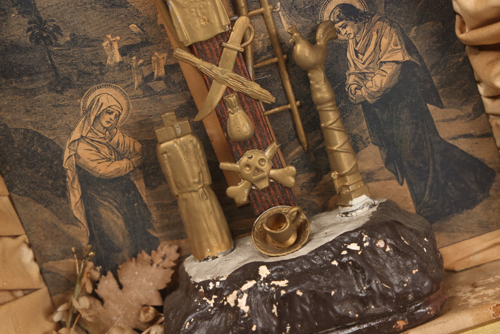 Lot 021 - Antique "Thy Kingdom Come" Religious Shadow Box Of The Crucifixion With Weapons Of Christ In Custom Frame, 12-3/8" x 16-1/8"