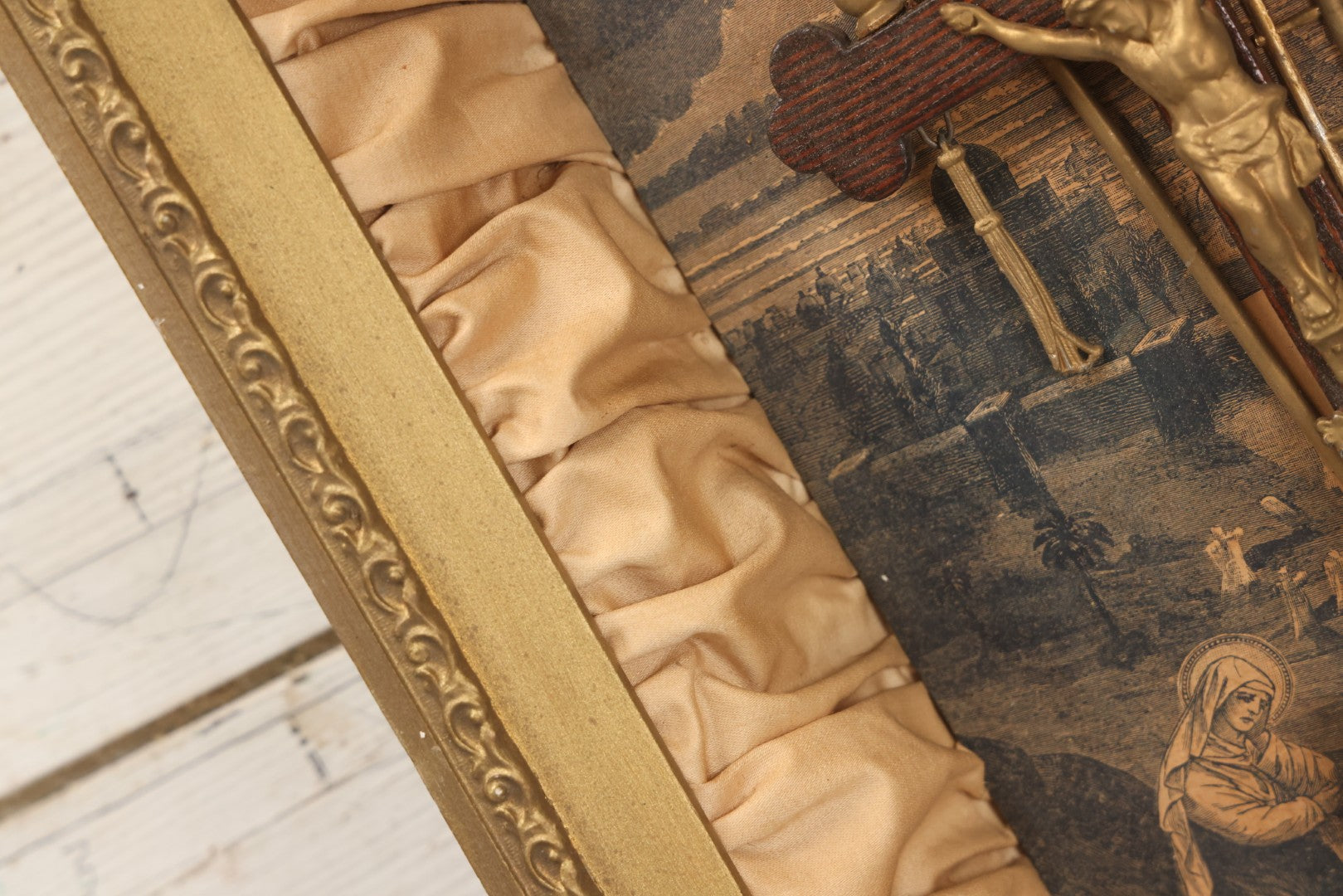 Lot 021 - Antique "Thy Kingdom Come" Religious Shadow Box Of The Crucifixion With Weapons Of Christ In Custom Frame, 12-3/8" x 16-1/8"