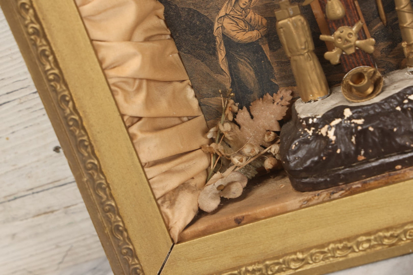 Lot 021 - Antique "Thy Kingdom Come" Religious Shadow Box Of The Crucifixion With Weapons Of Christ In Custom Frame, 12-3/8" x 16-1/8"