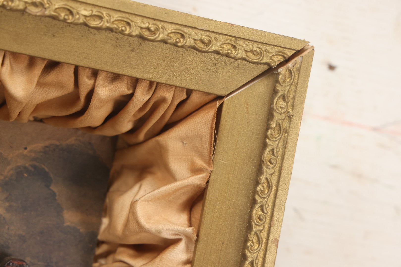 Lot 021 - Antique "Thy Kingdom Come" Religious Shadow Box Of The Crucifixion With Weapons Of Christ In Custom Frame, 12-3/8" x 16-1/8"