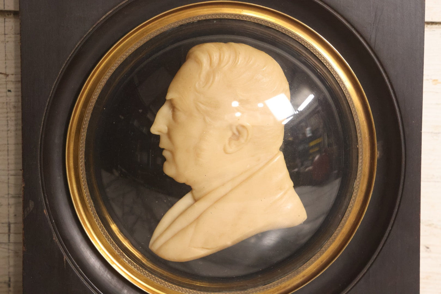 Lot 022 - Antique Wax Portrait Relief Of Gentleman Signed G. Grütter, Mounted On Reverse-Painted Glass Under Convex Dome, Continental, Circa 1830–1845, 10-3/8" x 10-1/2"