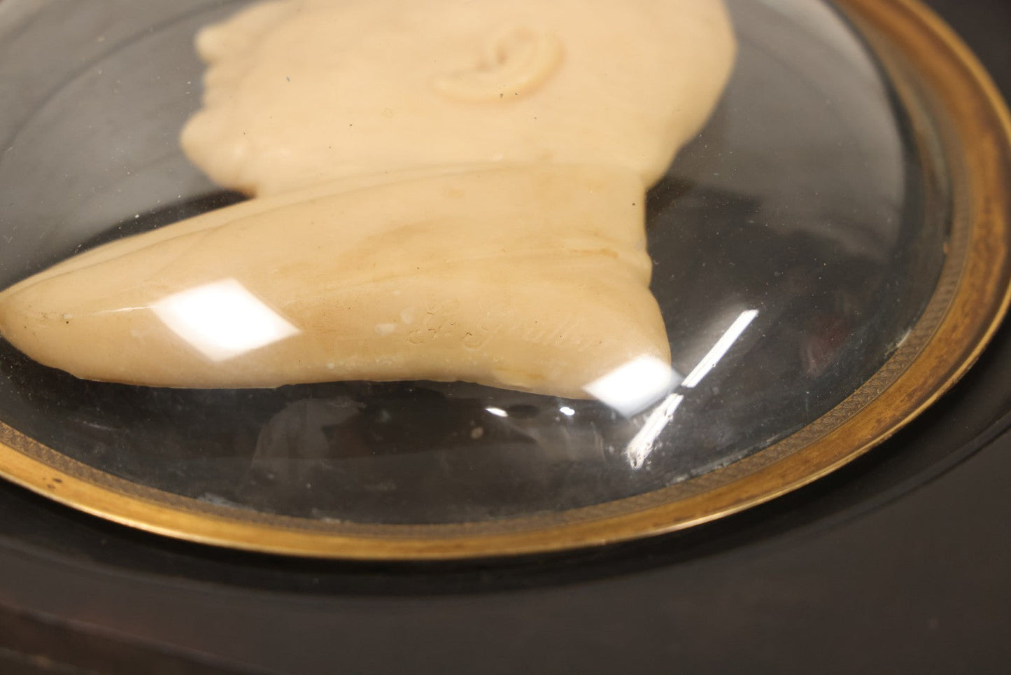 Lot 022 - Antique Wax Portrait Relief Of Gentleman Signed G. Grütter, Mounted On Reverse-Painted Glass Under Convex Dome, Continental, Circa 1830–1845, 10-3/8" x 10-1/2"