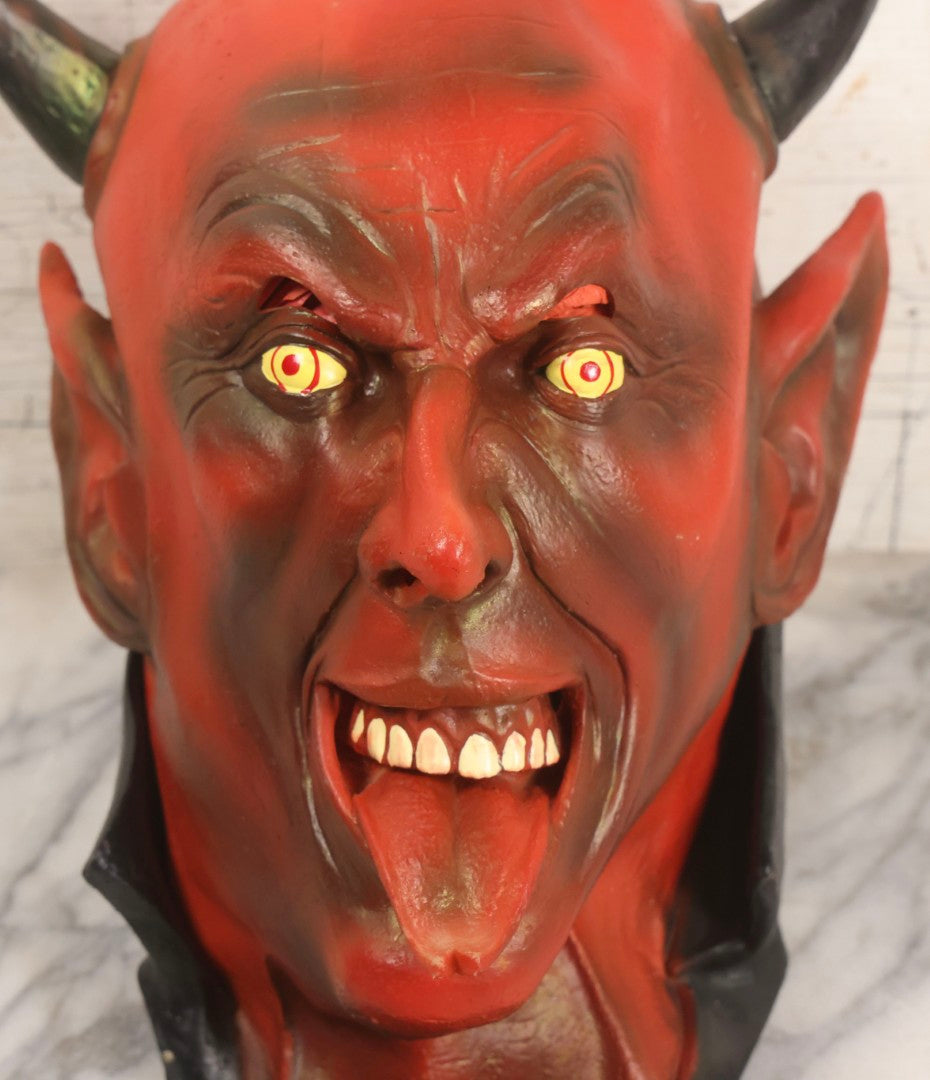 Lot 023 - Vintage Rubber Grinning Devil Halloween Mask With Yellow Eyes, Tongue Out, And Bat Bow Tie, Illusive Concepts, 1996, Distributed By The Paper Magic Group, Scranton, Pennsylvania