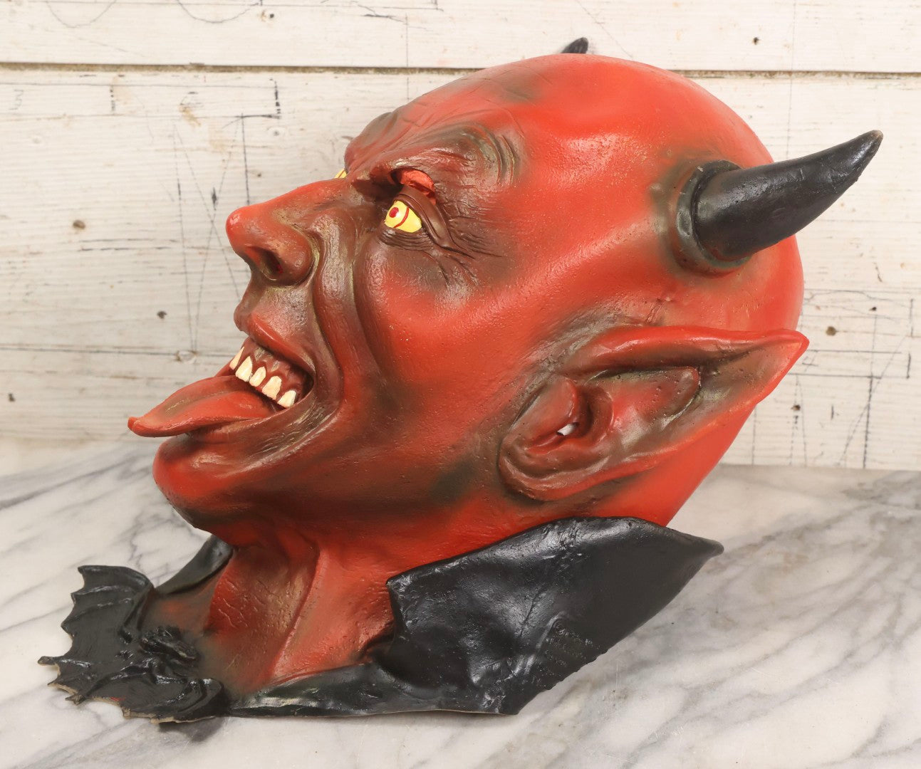 Lot 023 - Vintage Rubber Grinning Devil Halloween Mask With Yellow Eyes, Tongue Out, And Bat Bow Tie, Illusive Concepts, 1996, Distributed By The Paper Magic Group, Scranton, Pennsylvania