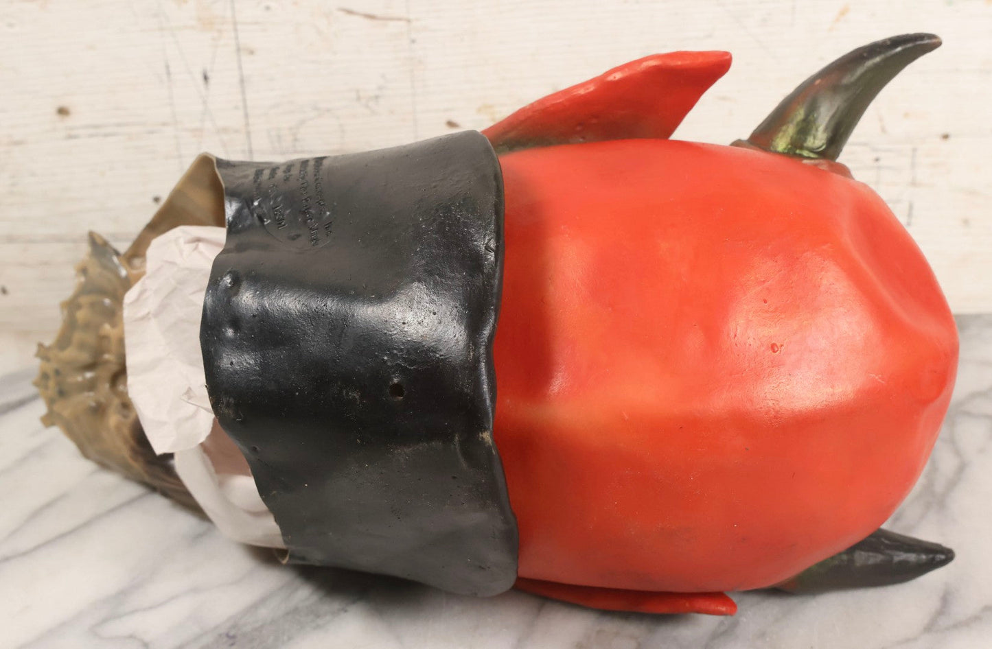 Lot 023 - Vintage Rubber Grinning Devil Halloween Mask With Yellow Eyes, Tongue Out, And Bat Bow Tie, Illusive Concepts, 1996, Distributed By The Paper Magic Group, Scranton, Pennsylvania