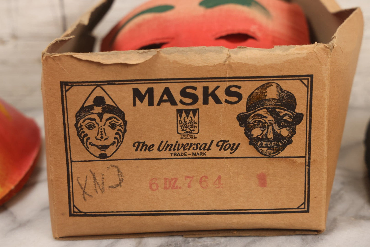 Lot 024 - Grouping Of 50 Vintage New Old Stock N.O.S. Gauze Clown Halloween Masks In Original Des Arts Products Box, No. 764, "Masks, The Universal Toy"