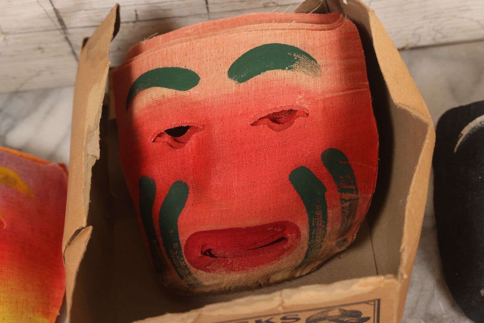 Lot 024 - Grouping Of 50 Vintage New Old Stock N.O.S. Gauze Clown Halloween Masks In Original Des Arts Products Box, No. 764, "Masks, The Universal Toy"