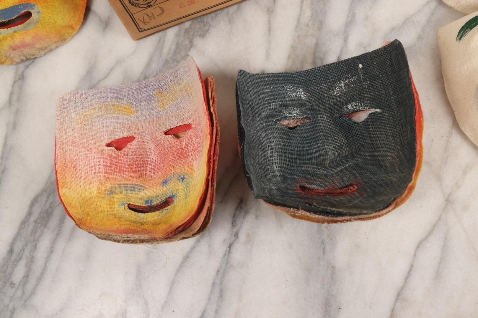 Lot 024 - Grouping Of 50 Vintage New Old Stock N.O.S. Gauze Clown Halloween Masks In Original Des Arts Products Box, No. 764, "Masks, The Universal Toy"