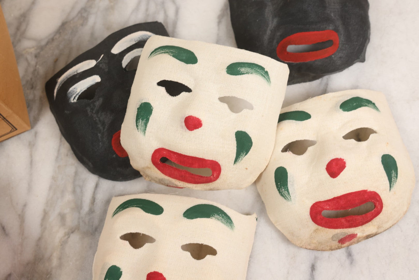 Lot 024 - Grouping Of 50 Vintage New Old Stock N.O.S. Gauze Clown Halloween Masks In Original Des Arts Products Box, No. 764, "Masks, The Universal Toy"