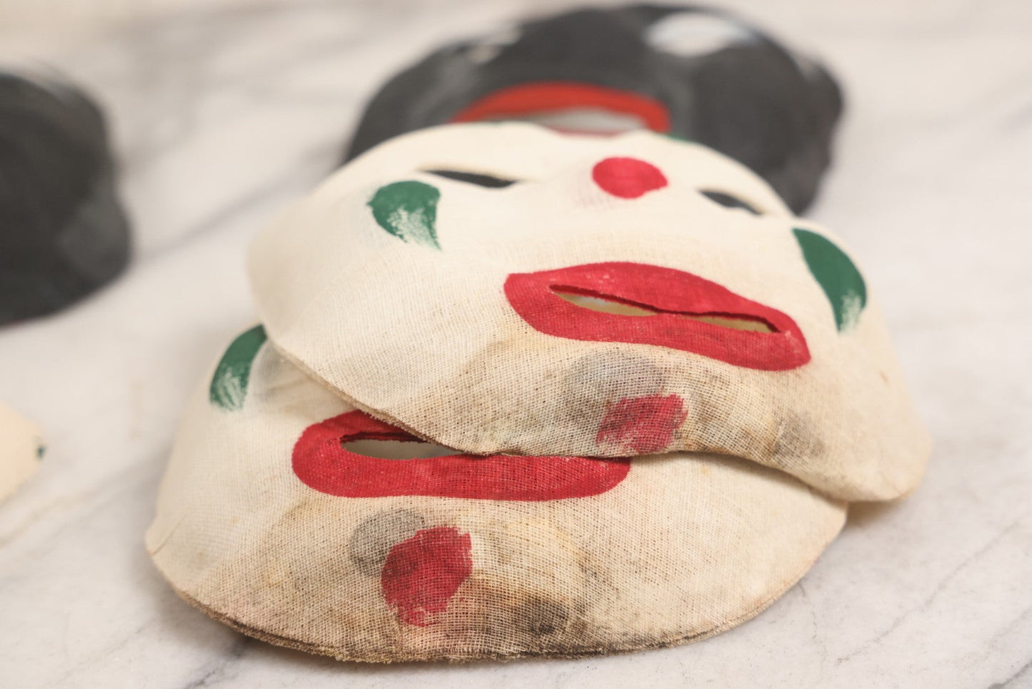 Lot 024 - Grouping Of 50 Vintage New Old Stock N.O.S. Gauze Clown Halloween Masks In Original Des Arts Products Box, No. 764, "Masks, The Universal Toy"