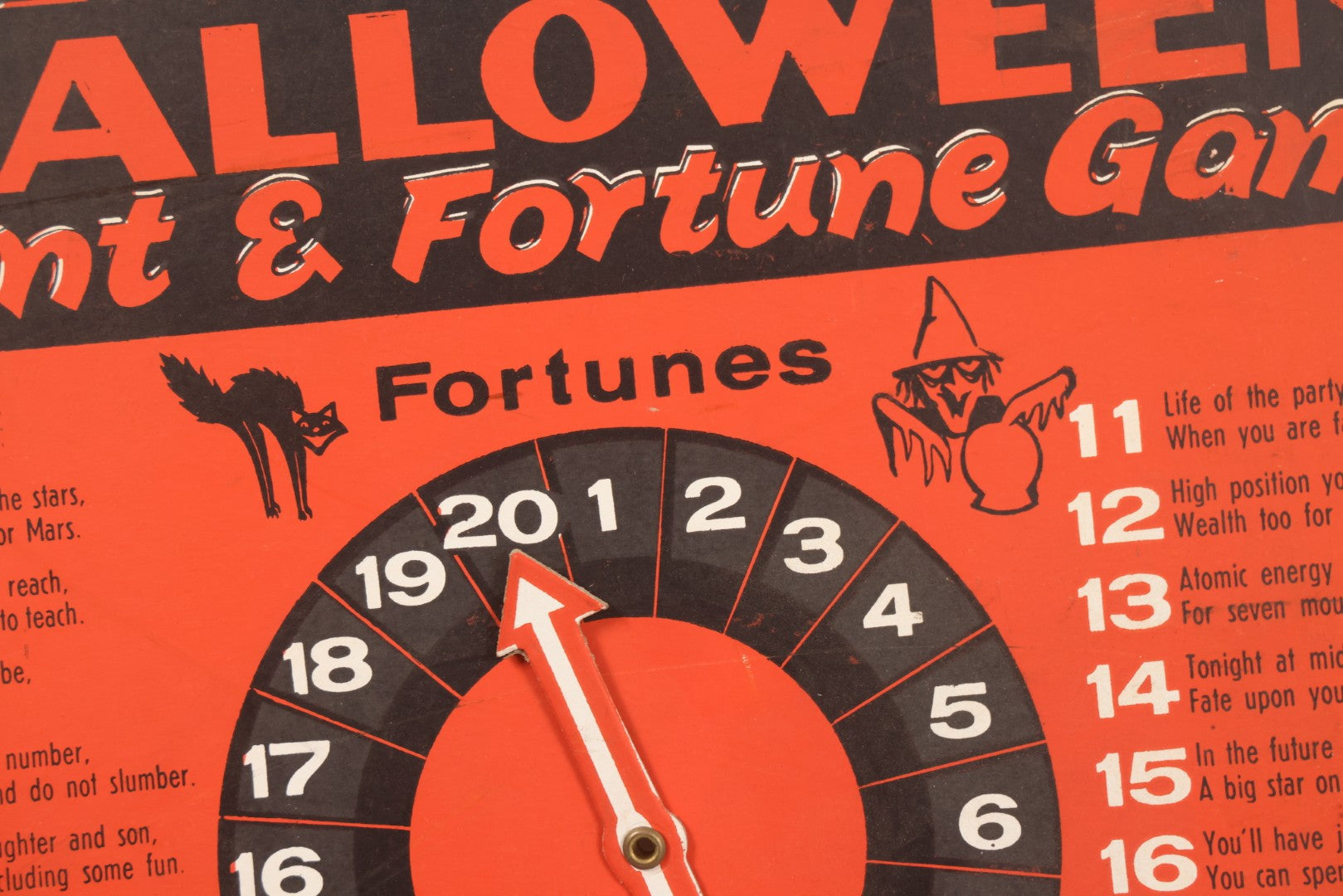 Lot 025 - Vintage Spin-O-Rama Halloween Stunt And Fortune Game By Beistle With Witch, Black Cat, And Jack-O-Lantern J.O.L. Graphics, Made In U.S.A.., 12-3/8" x 18-3/8"