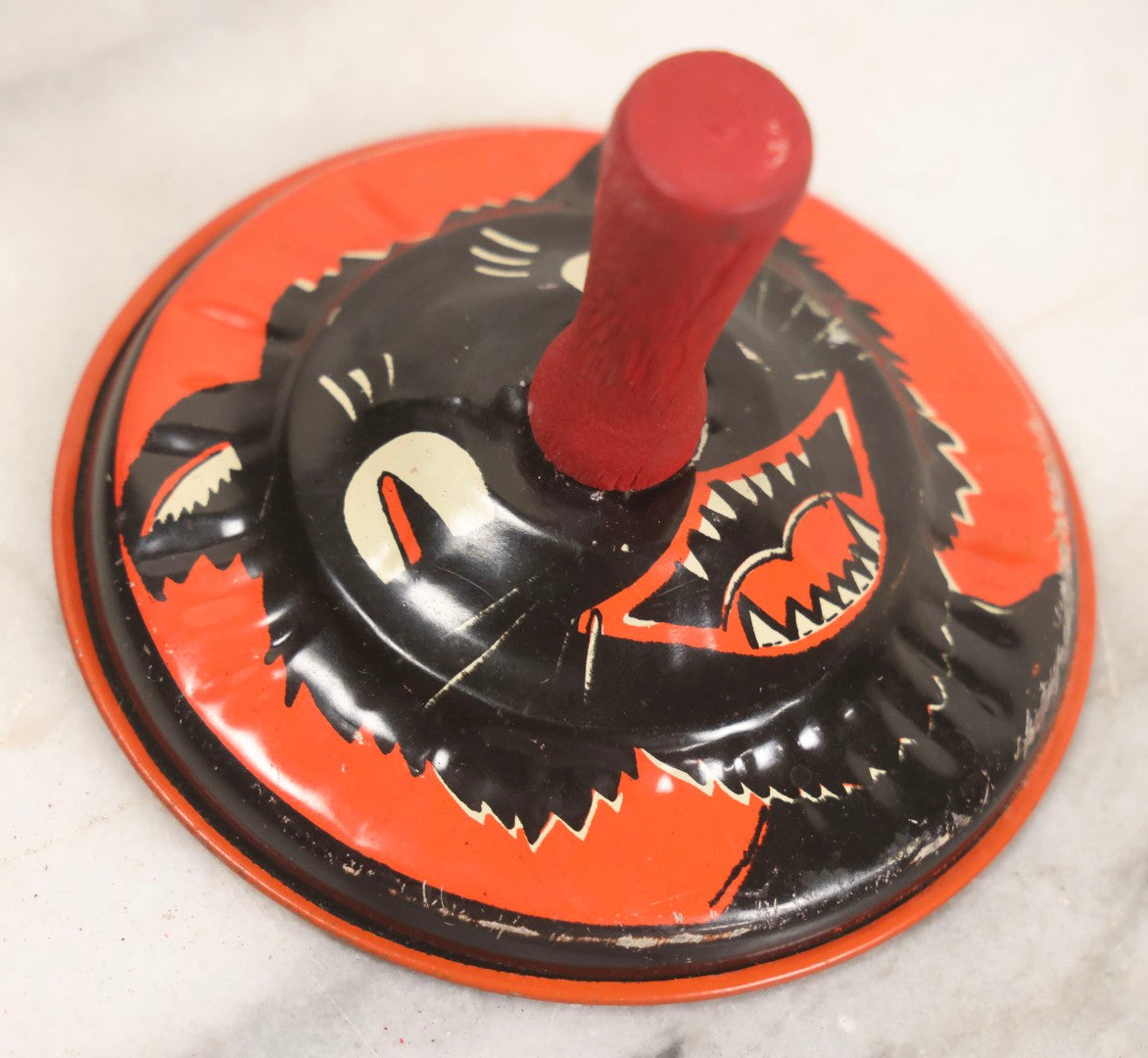 Lot 026 - Vintage Tin Lithograph Halloween Noisemaker Bell With Grinning Black Cat By Life Of The Party Products