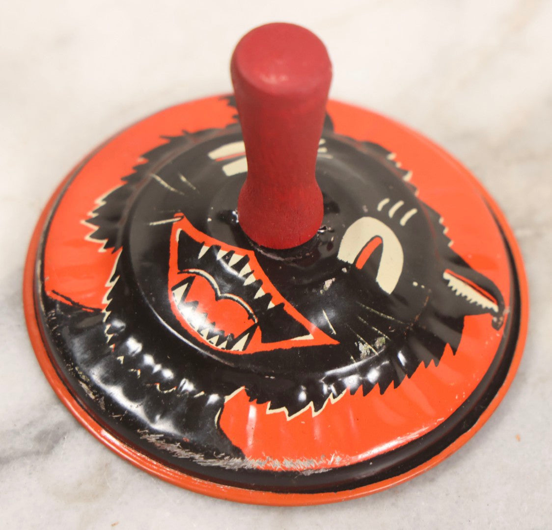 Lot 026 - Vintage Tin Lithograph Halloween Noisemaker Bell With Grinning Black Cat By Life Of The Party Products