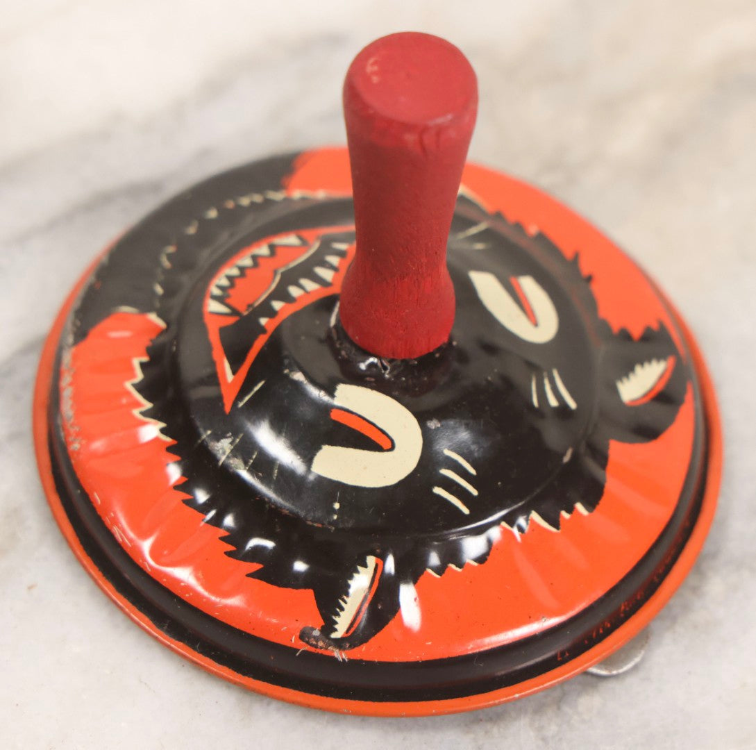 Lot 026 - Vintage Tin Lithograph Halloween Noisemaker Bell With Grinning Black Cat By Life Of The Party Products