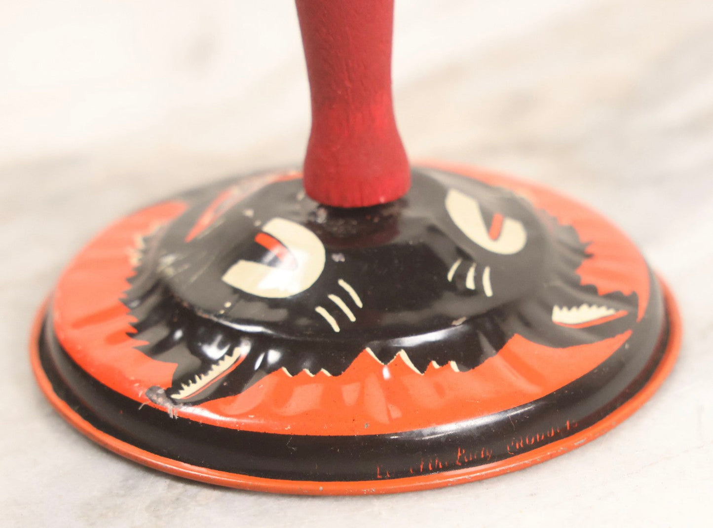 Lot 026 - Vintage Tin Lithograph Halloween Noisemaker Bell With Grinning Black Cat By Life Of The Party Products