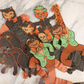 Lot 027 - Grouping Of Seven Vintage Die-Cut Halloween Decorations For Craft Or Restoration Including Jointed And Accordion Cats And Jack-O-Lantern J.O.L. Scarecrow With Skull