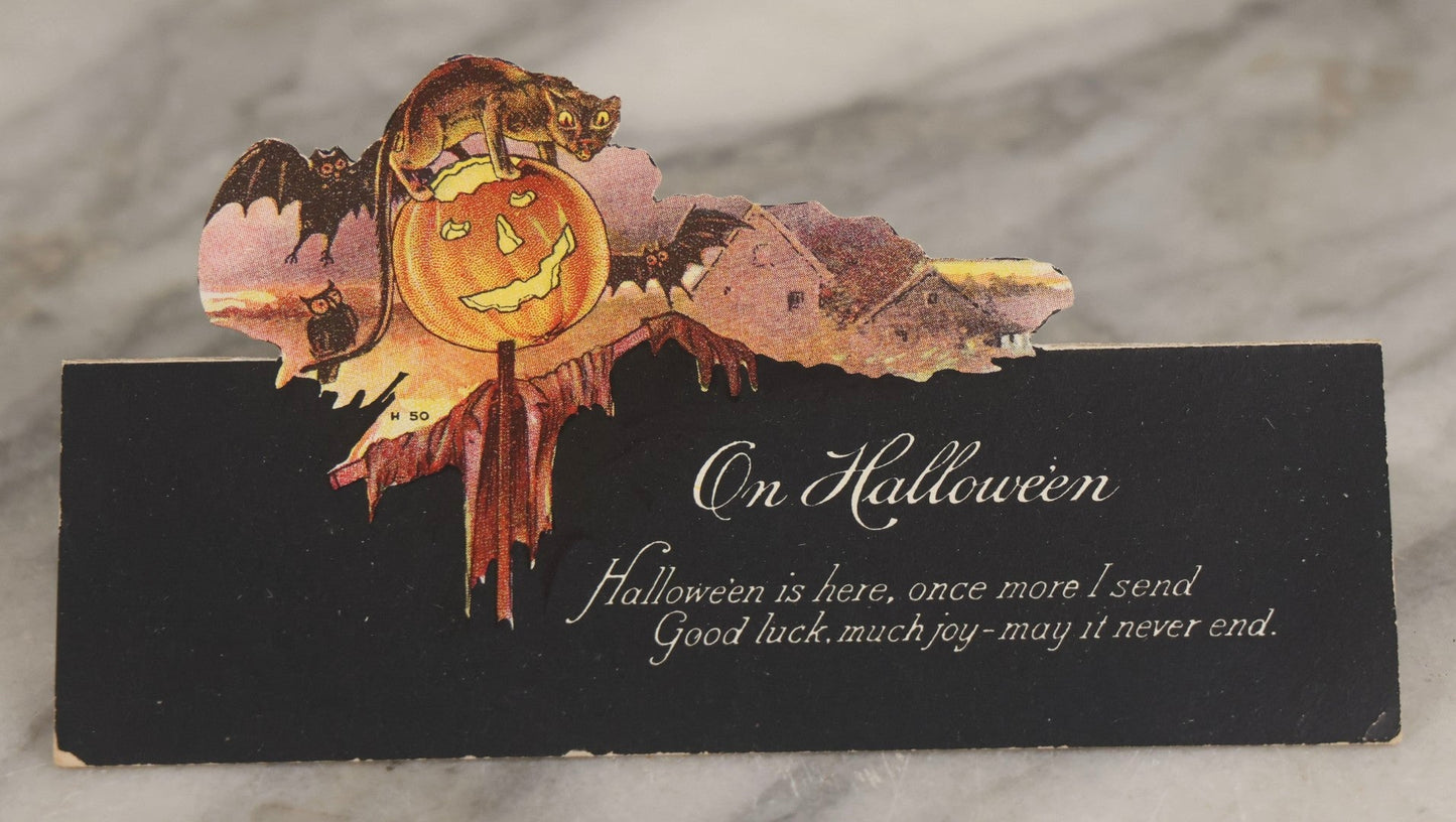Lot 029 - Antique Die-Cut Stand-Up Halloween Card “On Halloween” Black Cat, Jack-O'-Lantern, Bats & Owl, Series H 50, Fold-Out Easel Card